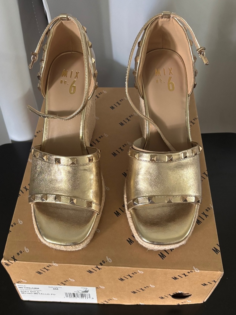 MIX No. 6 Dreamm Metallic Gold Studded Wedge Espadrille Sandals - Size 8M